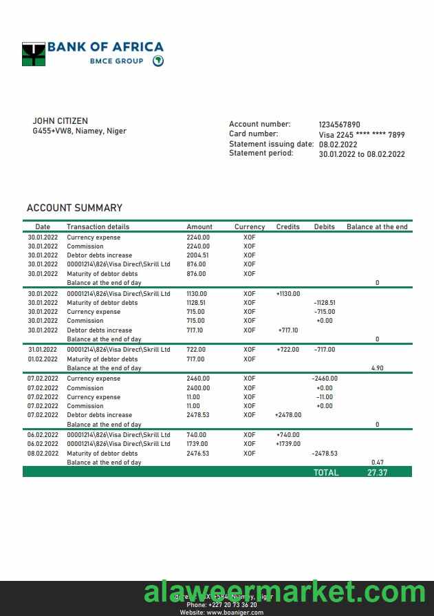 Niger Bank of Africa bank statement